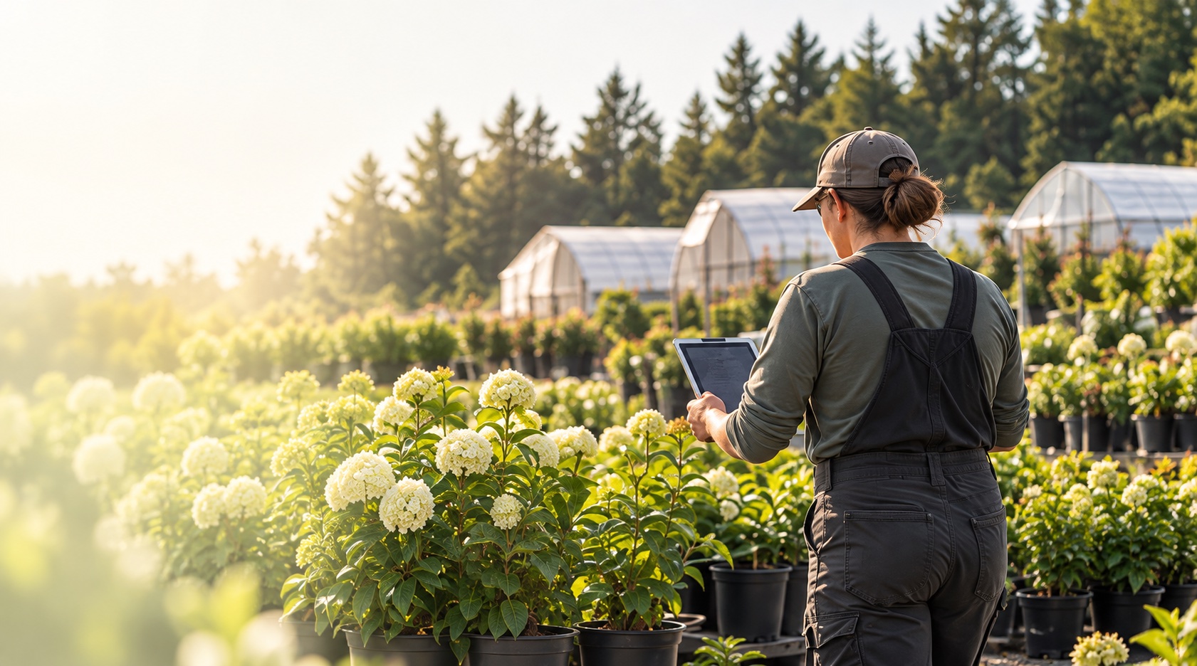 Nursery worker moving plants through a growing area