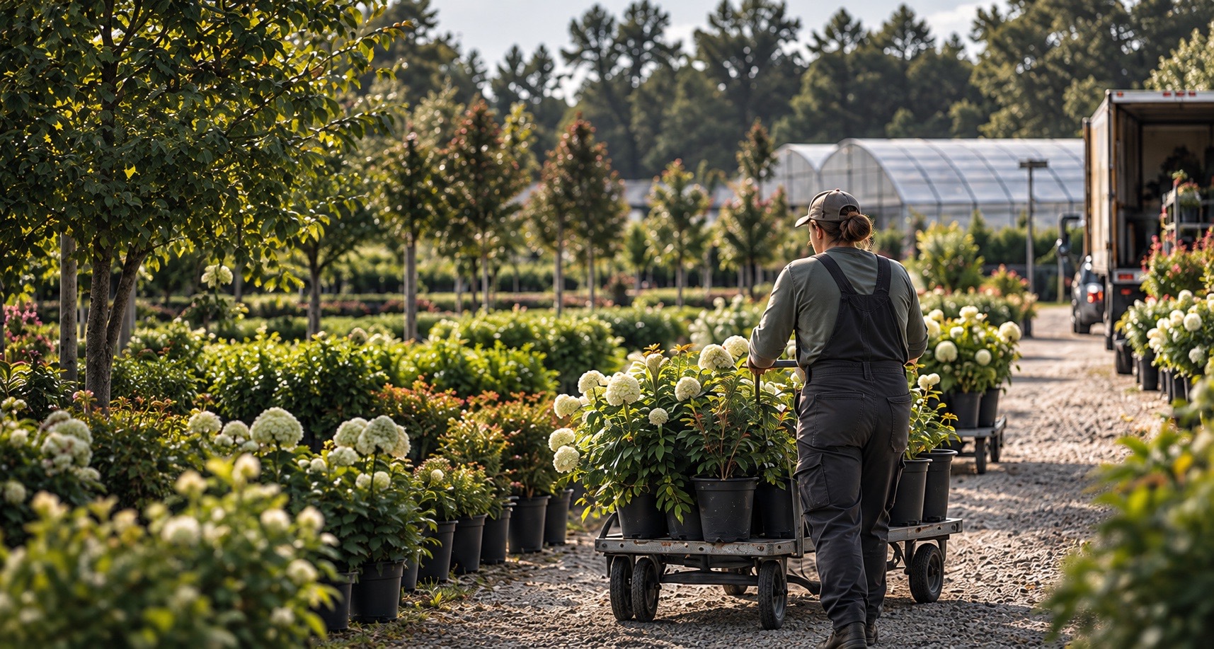 Nursery worker moving flowering plants toward a loading area