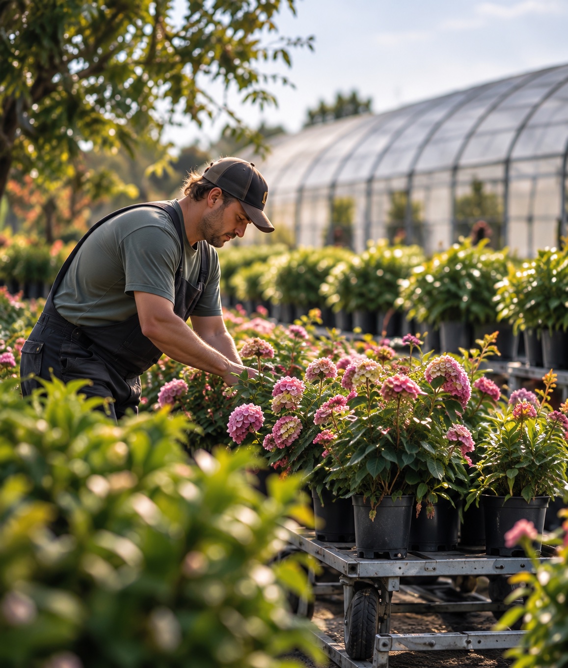 Nursery worker reviewing plants in a growing area