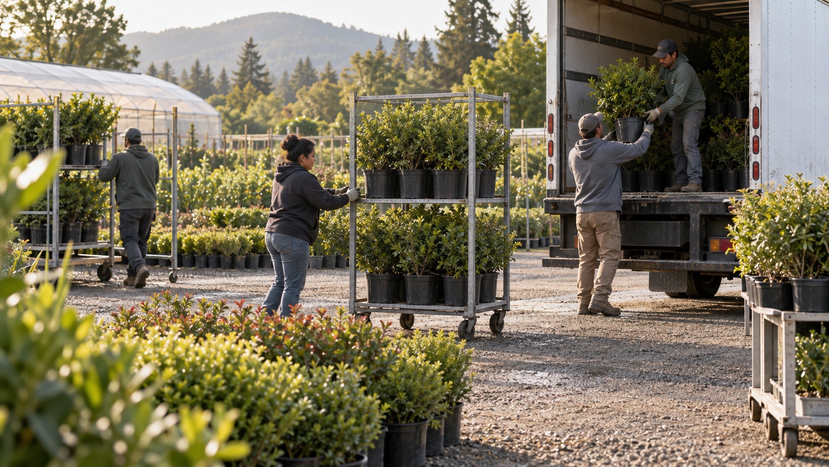 Nursery team loading plants onto a delivery truck